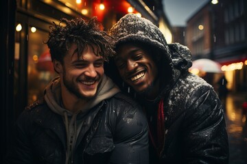 Multiracial couple of men embrace and smile in the street at Christmas under the snow