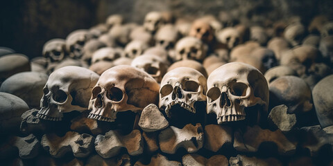 human skulls and bones of people killed in war in crypt burial in cemetery. - obrazy, fototapety, plakaty
