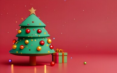 Obraz premium Christmas background minimalism in red shades with a green Christmas tree and toys