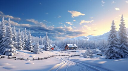 Photo of a winter wonderland with a cozy house nestled among snow-covered trees