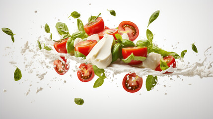 Mozzarella cheese balls, tomatoes and basil leaves for caprese salad flying on white background.