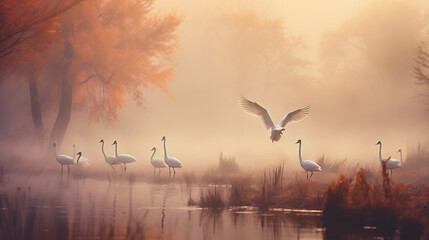 Beautiful foggy autumn scenery. A flock of swans flying over autumn dreamy copse with fall trees and dry grass