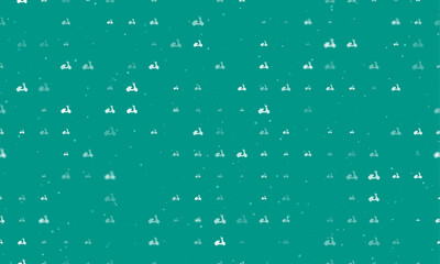 Seamless background pattern of evenly spaced white scooter symbols of different sizes and opacity. Vector illustration on teal background with stars