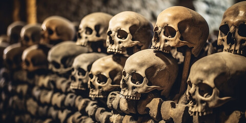 human skulls and bones of people killed in war in crypt burial in cemetery. - obrazy, fototapety, plakaty