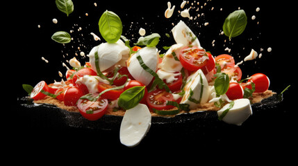 Mozzarella cheese balls, tomatoes and basil leaves for caprese salad flying on black background.