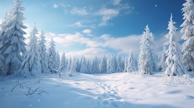 Photo of a winter wonderland with snowy trees and fresh footprints in the snow