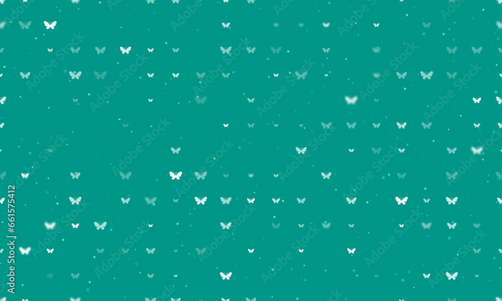 Poster seamless background pattern of evenly spaced white butterfly symbols of different sizes and opacity.