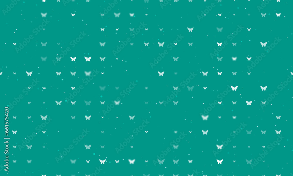 Poster seamless background pattern of evenly spaced white butterfly symbols of different sizes and opacity.