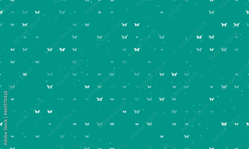 Poster seamless background pattern of evenly spaced white butterfly symbols of different sizes and opacity.