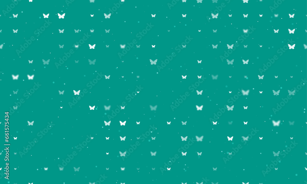 Poster seamless background pattern of evenly spaced white butterfly symbols of different sizes and opacity.