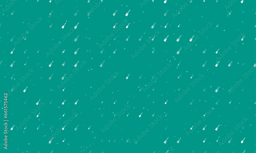Poster seamless background pattern of evenly spaced white guitar symbols of different sizes and opacity. ve
