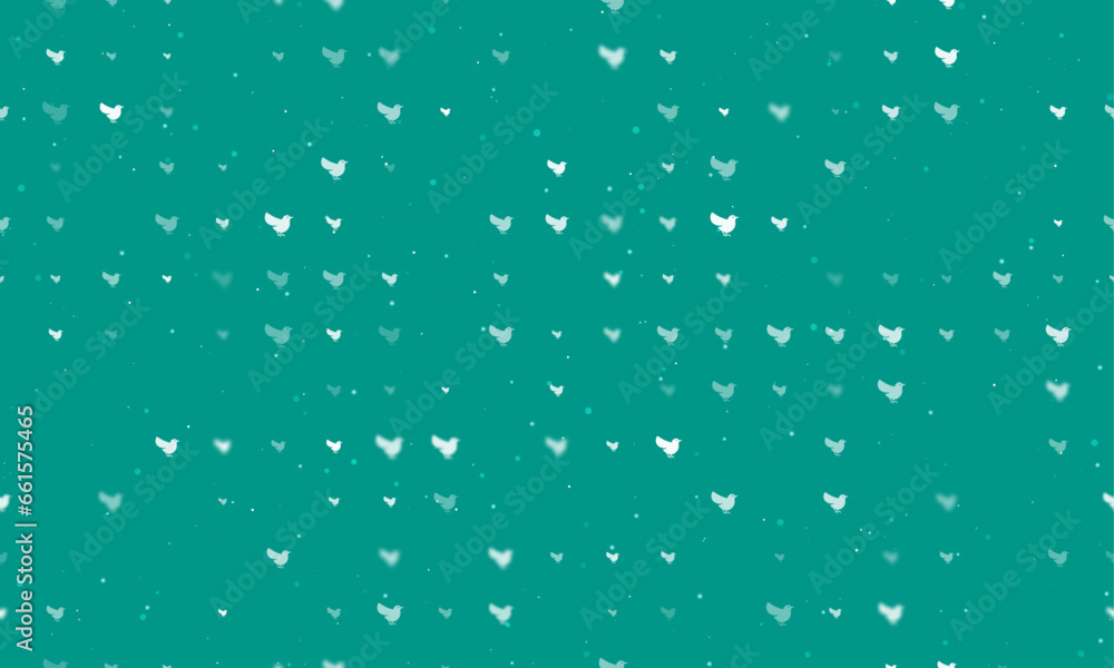 Poster seamless background pattern of evenly spaced white bird symbols of different sizes and opacity. vect