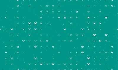 Seamless background pattern of evenly spaced white butterfly symbols of different sizes and opacity. Vector illustration on teal background with stars