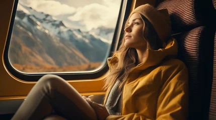 Foto op Canvas Cinematic and symmetrical beautiful shot of female traveler, travel blogger and inspired adventurer hang out of train window, look at amazing landscape of autumn mountains  © Alin