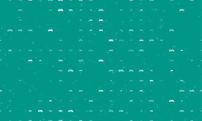 Seamless background pattern of evenly spaced white bike symbols of different sizes and opacity. Vector illustration on teal background with stars