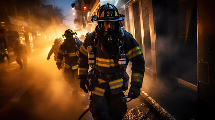 Fototapeta premium Team of firefighters are fighting a fire