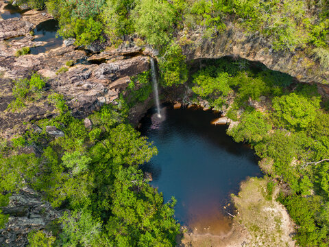 Aerial view of the scenic waterfall Chorro San Luis embedded in a thick, tropical forest near Robor&eacute; in the lowlands of Bolivia - Traveling and exploring South America