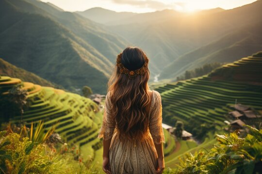 Asian woman enjoying rice terraces in Vietnam. AI Generated