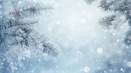 Photo of a snow-covered pine tree branch with a blurred background