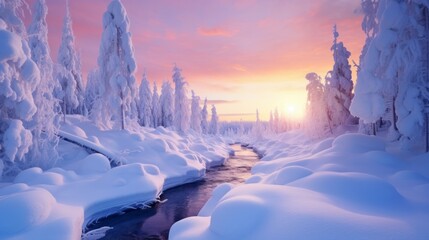 Photo of a serene winter landscape with a river flowing through a snow-covered forest