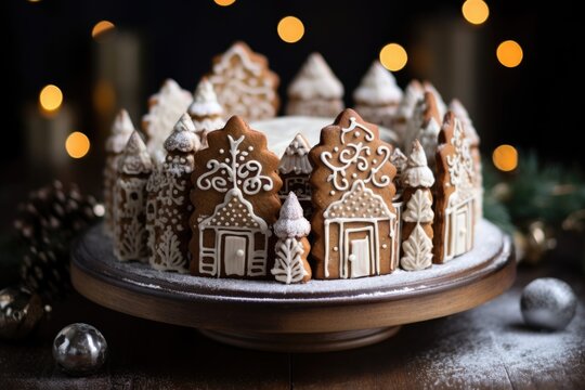 A cake decorated with gingerbread houses and winter decorations. Photorealistic AI image.