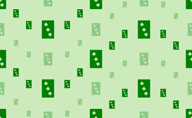 Seamless pattern of large and small green Three of Spades playing cards. The elements are arranged in a wavy. Vector illustration on light green background