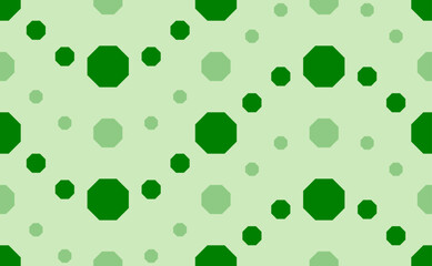 Seamless pattern of large and small green octagon symbols. The elements are arranged in a wavy. Vector illustration on light green background