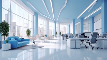 Fototapeta na wymiar Modern white and blue open space office interior.Generative AI