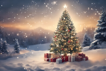 Weihnachten mit Geschenken und Weihnachtsbaum mit Kugeln . KI Generated