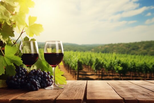 wine on planks, vineyard background. Generative AI