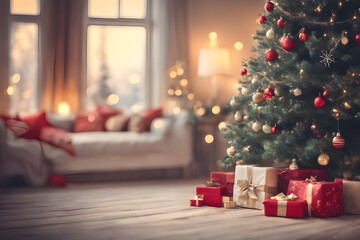 Weihnachten mit Geschenken und Weihnachtsbaum mit Kugeln . KI Generated
