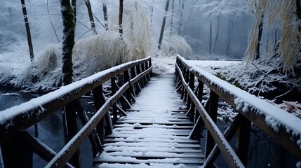 Photo of a snow-covered wooden bridge over a peaceful stream in a winter forest