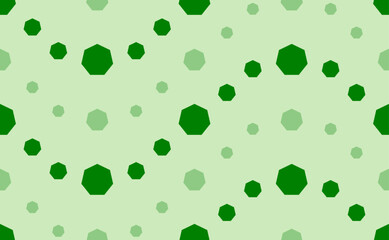 Seamless pattern of large and small green heptagon symbols. The elements are arranged in a wavy. Vector illustration on light green background