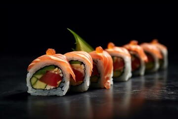 Close-up of sushi rolls on a dark surface. Generative AI