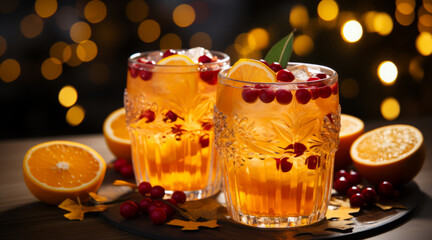 Fototapeta premium Two tumbler glasses of Orange Cranberry Sangria. Horizontal, close-up, side view. Festive atmosphere.
