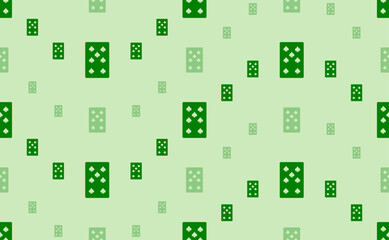 Seamless pattern of large and small green seven of spades playing cards. The elements are arranged in a wavy. Vector illustration on light green background