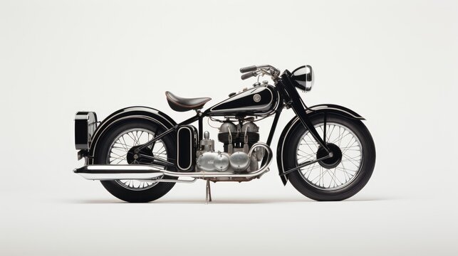 Timeless elegance! A black classic motorcycle stands out against a white backdrop, celebrating vintage style