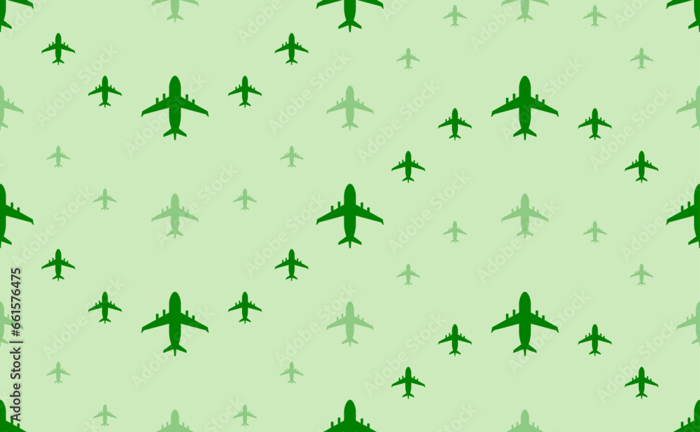 Poster seamless pattern of large and small green airplane symbols. the elements are arranged in a wavy. vec