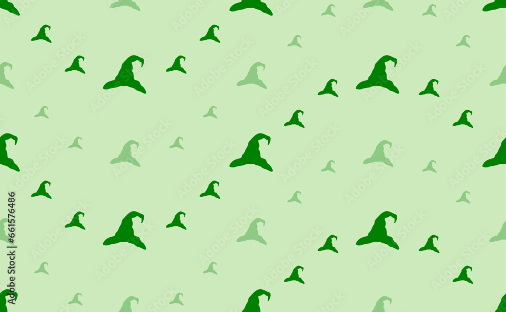 Poster seamless pattern of large and small green wizard hat symbols. the elements are arranged in a wavy. v