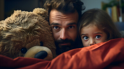 Father and daughter playing with teddy for fun and love