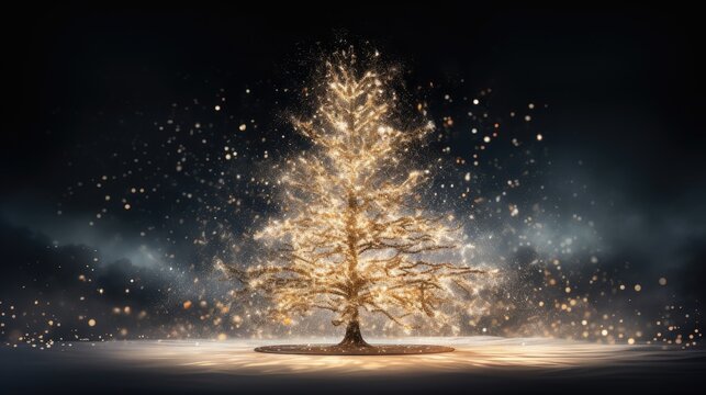 Twinkling magic! A sparkler Christmas tree on a black background illuminates the festive night © pvl0707