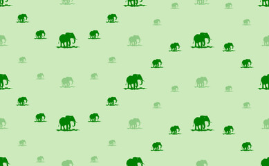 Seamless pattern of large and small green wild elephant symbols. The elements are arranged in a wavy. Vector illustration on light green background