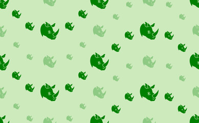 Seamless pattern of large and small green rhino head logos. The elements are arranged in a wavy. Vector illustration on light green background