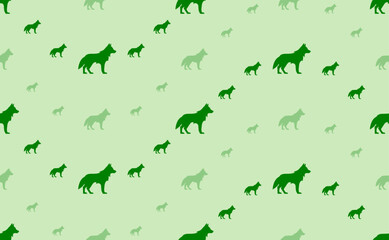 Seamless pattern of large and small green wolf symbols. The elements are arranged in a wavy. Vector illustration on light green background