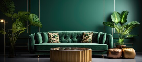 Luxurious living space with contemporary design featuring a green velvet sofa coffee table gold accents plants lighting carpets and elegant decor With copyspace for text