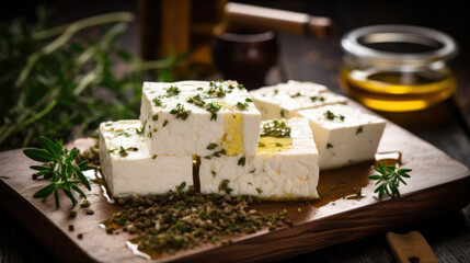 Naklejka na ściany i meble Feta cheese with olive oil in bowl and rosemary leaves on wooden background.