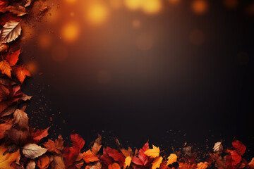 Tree different colorful leaves like a frame for copy space on a blurred orange and brown background.