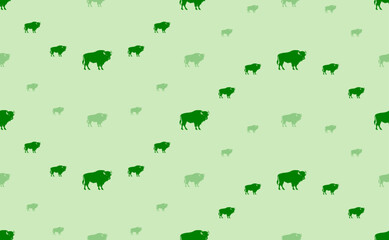 Seamless pattern of large and small green buffalo symbols. The elements are arranged in a wavy. Vector illustration on light green background
