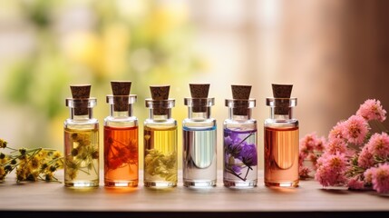 bottles of essential oils with flowers - obrazy, fototapety, plakaty