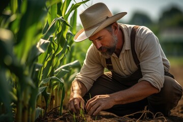 The farmer examining of corn on green farm at sunset, AI Generated - obrazy, fototapety, plakaty